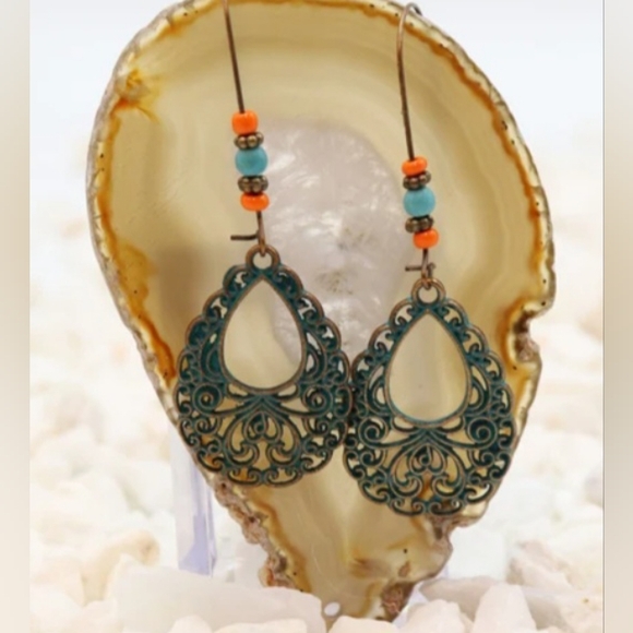 Jewelry - Boho Patina Copper and Turquoise Drop Earrings